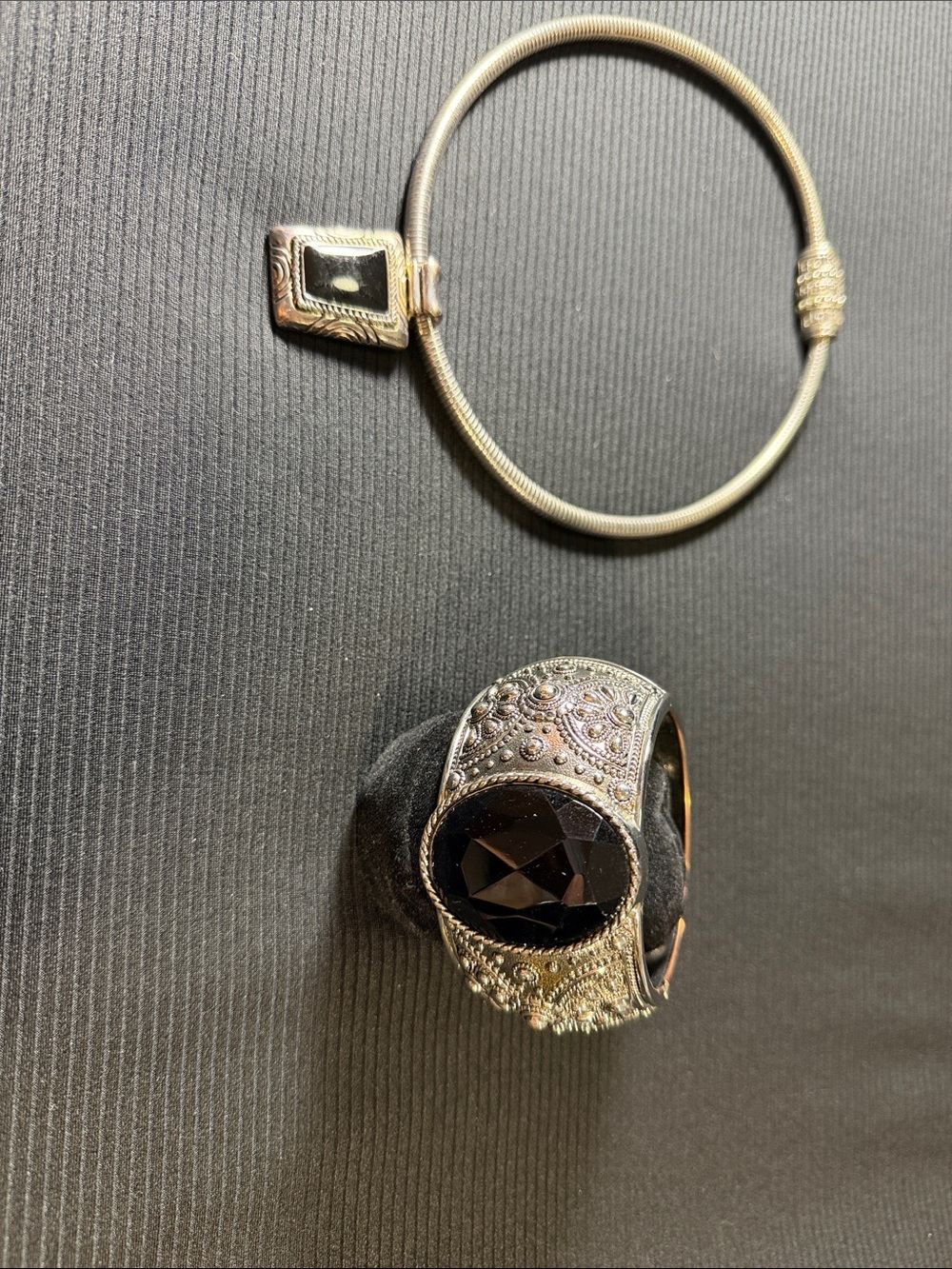 Silver-Tone Women's Bracelet with Black Gem Accent